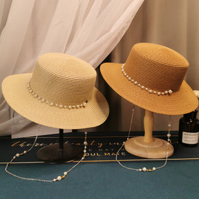 Retro Pearl Chain Flat Straw Elegant Top Hat