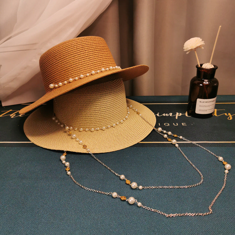 Retro Pearl Chain Flat Straw Elegant Top Hat