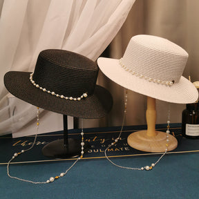 Retro Pearl Chain Flat Straw Elegant Top Hat