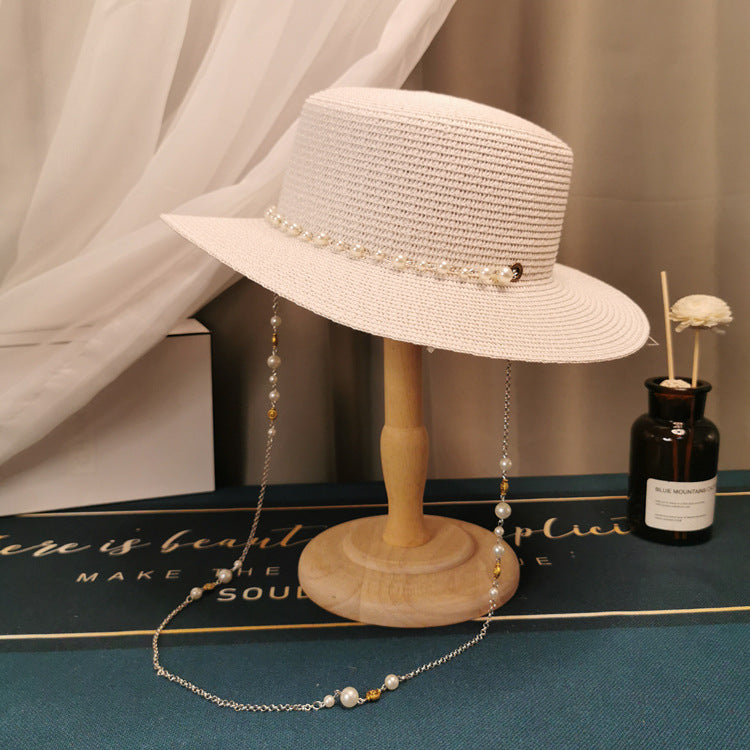 Retro Pearl Chain Flat Straw Elegant Top Hat