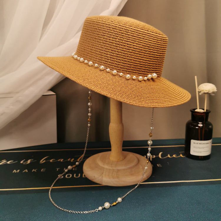 Retro Pearl Chain Flat Straw Elegant Top Hat