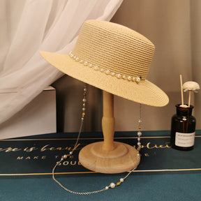 Retro Pearl Chain Flat Straw Elegant Top Hat