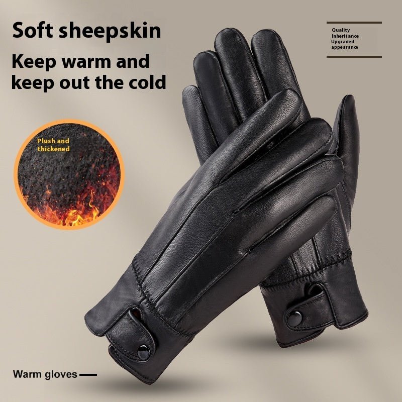 Genuine Leather Gloves For Men And Women Autumn And Winter Fleece-lined Thickened