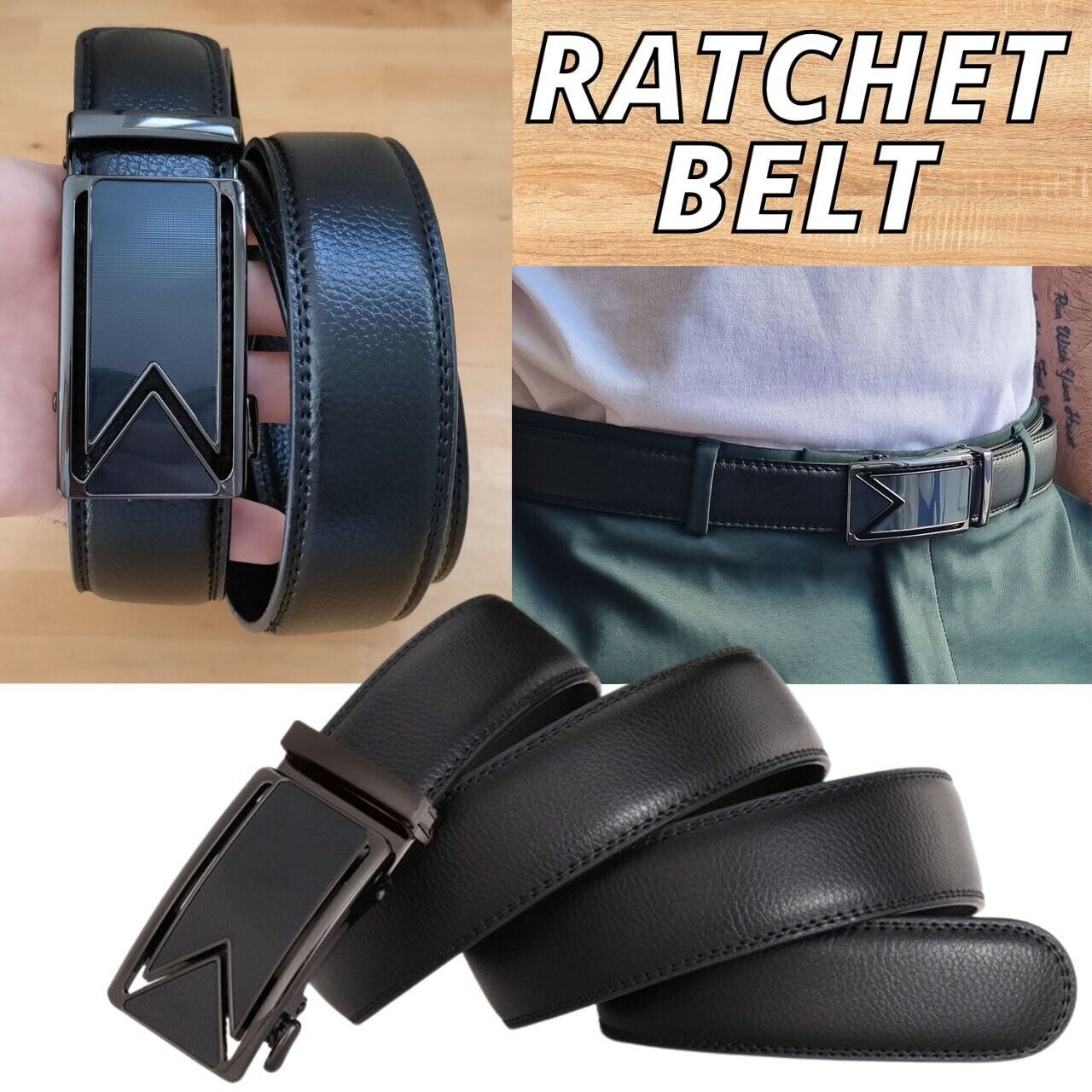 Men's Slide Buckle Ratchet Leather Belt