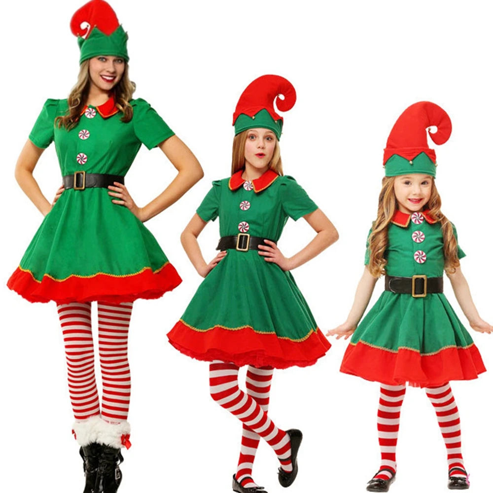 Christmas Santa Claus Costume Green Elf Cosplay Family Carnival Party Fancy Dress Clothes Set