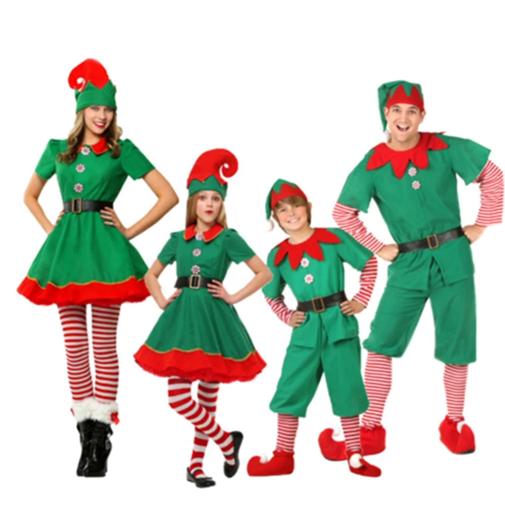 Christmas Santa Claus Costume Green Elf Cosplay Family Carnival Party Fancy Dress Clothes Set