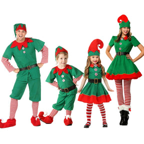 Christmas Santa Claus Costume Green Elf Cosplay Family Carnival Party Fancy Dress Clothes Set