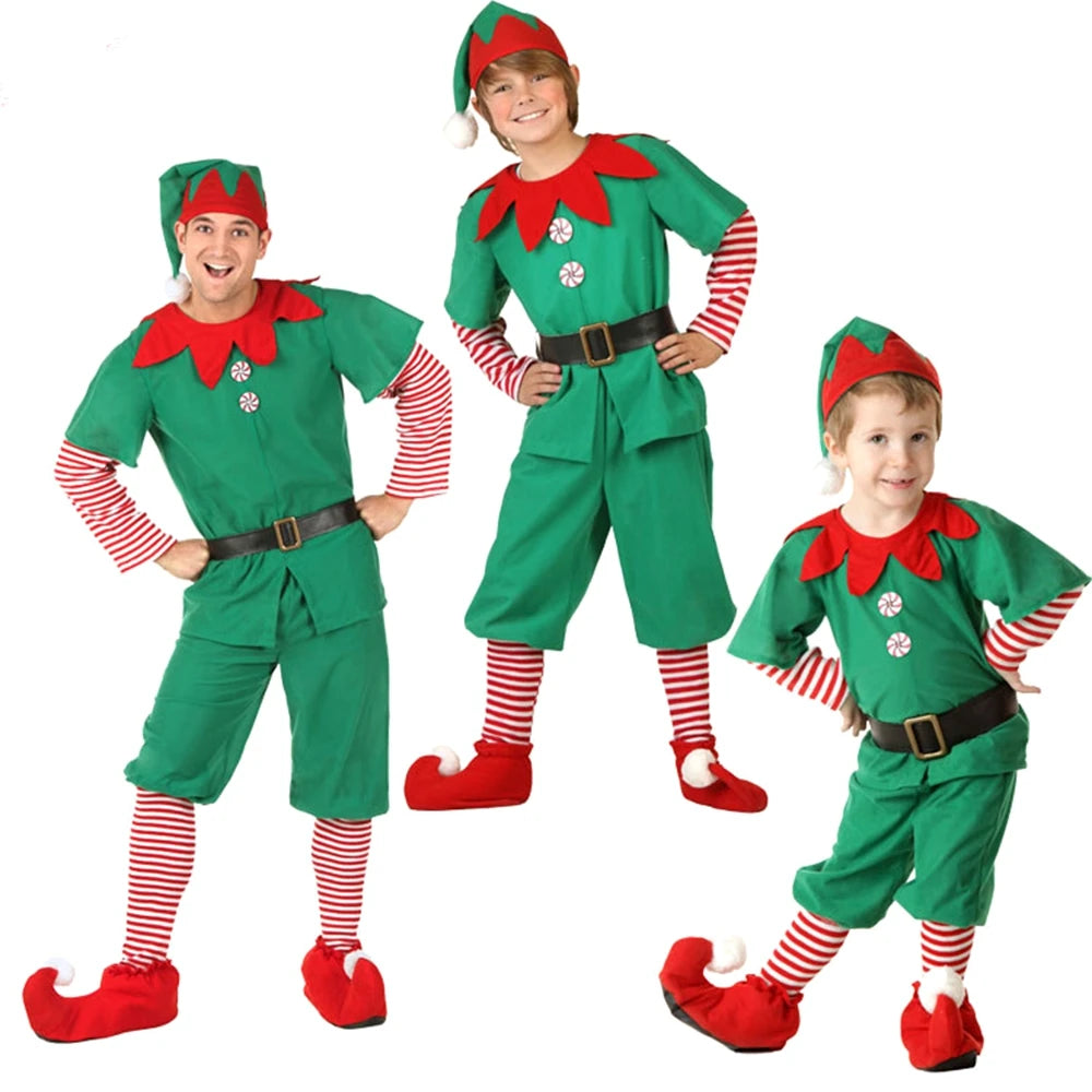 Christmas Santa Claus Costume Green Elf Cosplay Family Carnival Party Fancy Dress Clothes Set