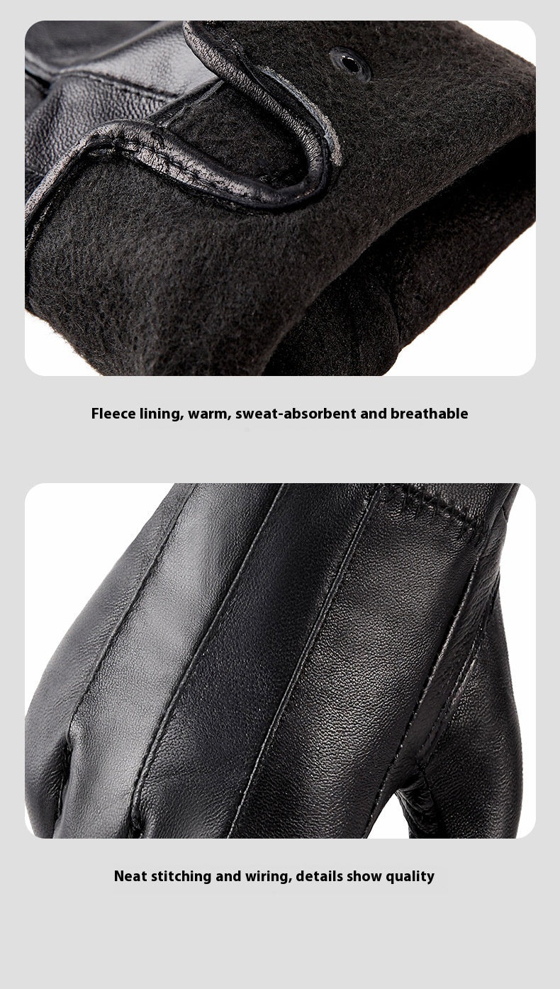 Genuine Leather Gloves For Men And Women Autumn And Winter Fleece-lined Thickened